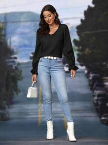 SHEIN Clasi Embroidery Mesh Insert Flare Sleeve Blouse - Black - View 4