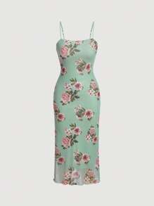 SHEIN MOD Elegant Floral Print Bodycon Cami Dress - Mint Green - View 1