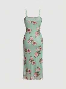SHEIN MOD Elegant Floral Print Bodycon Cami Dress - Mint Green - View 2