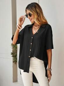 SHEIN LUNE 落肩袖前紐扣不對稱下擺襯衫 - 黑色 - 查看 2