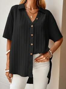 SHEIN LUNE 落肩袖前紐扣不對稱下擺襯衫 - 黑色 - 查看 1