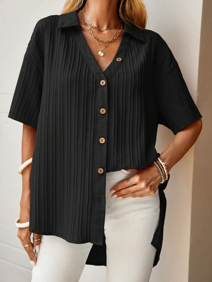 SHEIN LUNE 落肩袖前紐扣不對稱下擺襯衫 - 黑色 - 查看 1