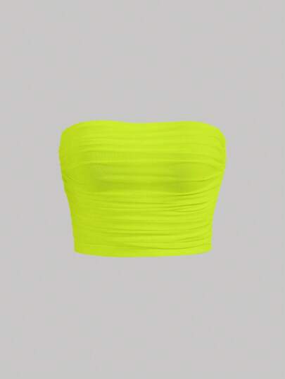 SHEIN MOD Solid Ruched Mesh Lime Green Tube Top