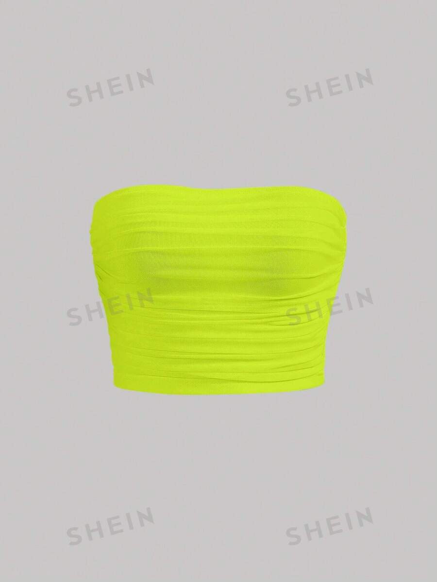 SHEIN MOD Top tubo de malla fruncida sólida - Verde Lima - Ver 1