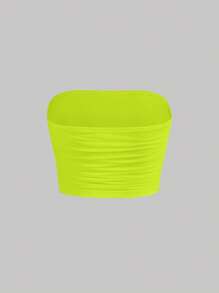 SHEIN MOD 纯色褶饰网眼抹胸 - 青檸色 - 查看 2