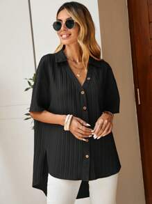 SHEIN LUNE 落肩袖前紐扣不對稱下擺襯衫 - 黑色 - 查看 5