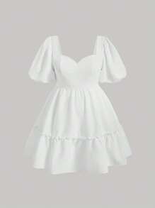 SHEIN MOD 大碼雞心領口泡泡袖荷葉邊洋裝 - 白色 - 查看 1