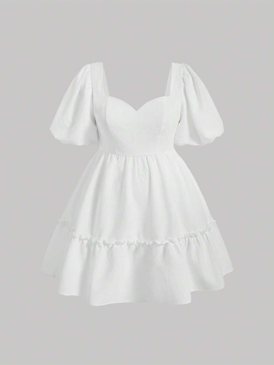 SHEIN MOD 大碼雞心領口泡泡袖荷葉邊洋裝 - 白色 - 查看 1