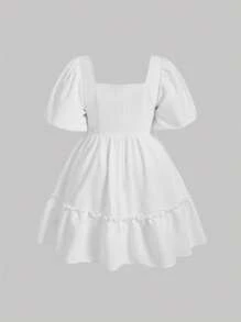 SHEIN MOD 大碼雞心領口泡泡袖荷葉邊洋裝 - 白色 - 查看 2