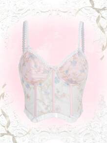 ROMWE Kawaii 花卉刺繡蕾絲拼接吊帶上衣 - 白色 - 查看 1