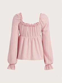 ROMWE Kawaii 素色褶邊前繫帶T恤 - 粉色 - 查看 2