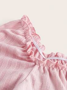 ROMWE Kawaii 素色褶邊前繫帶T恤 - 粉色 - 查看 3
