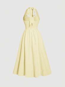 SHEIN MOD Chất rắn Nút phía trước Halter Neck Đầm - Màu vàng - Xem 2