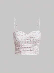 SHEIN MOD Ditsy Floral Print Ruched Cami Top - Pink - View 1