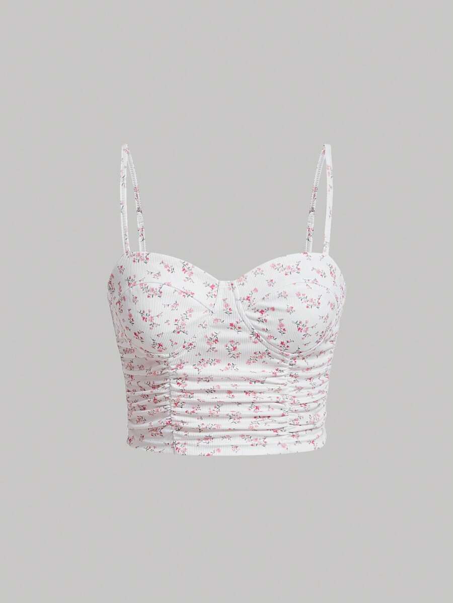 SHEIN MOD Ditsy Floral Print Ruched Cami Top - Pink - View 1