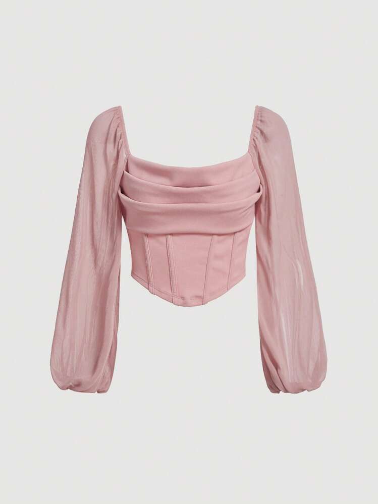SHEIN MOD Lantern Sleeve Ruched Bustier Bandana Hem Crop Pink Chest-Back Top - Dusty Pink - View 1