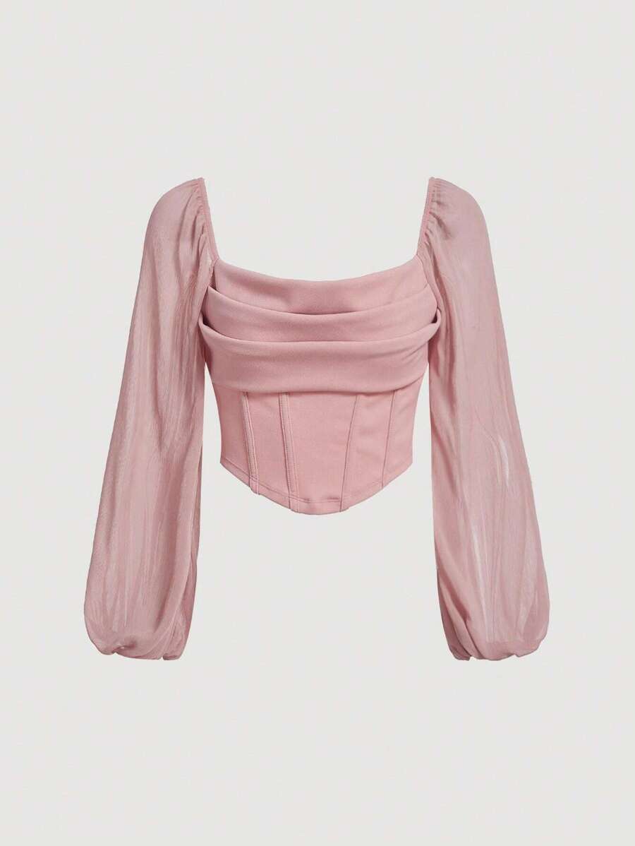 SHEIN MOD Lantern Sleeve Ruched Bustier Bandana Hem Crop Pink Chest-Back Top,Valentine Outfits