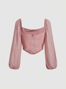 SHEIN MOD Lantern Sleeve Ruched Bustier Bandana Hem Crop Pink Chest-Back Top,Valentine Outfits