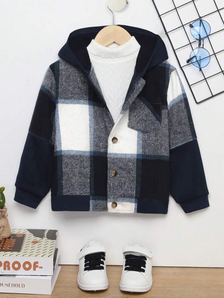 Young Boy Plaid Print Hooded Overcoat