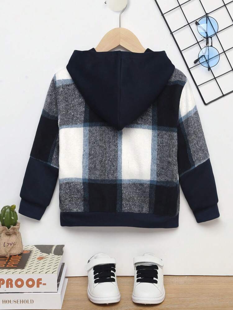 Young Boy Plaid Print Hooded Overcoat