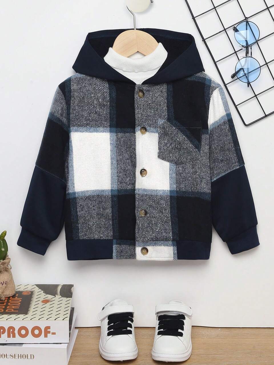 Young Boy Plaid Print Hooded Overcoat