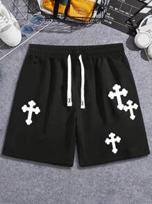 Manfinity EMRG Men's Casual Loose Cross Print Shorts With Drawstring Waist, Summer Graphic Going Out Street Wear Knee Shorts Baggy Shorts, For Husband, Boyfriend Gifts, Cross Shorts, Men's Street Wear Shorts, Christian Shorts, Jesus Shorts, Black Graphic Shorts, Back To School