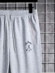 Manfinity Homme 男士字母圖案腰部抽繩衛褲 - 灰色 - 查看 5