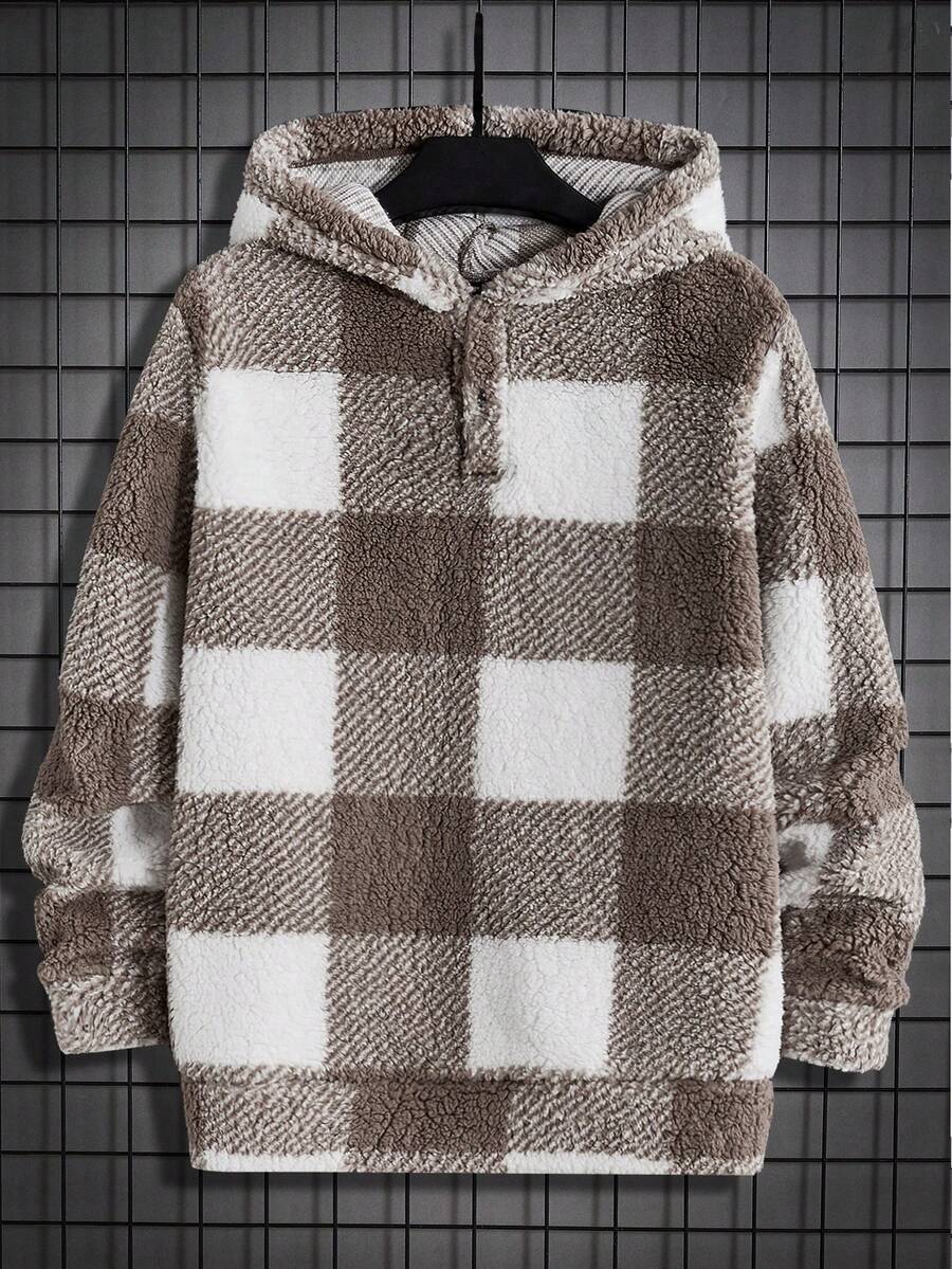 Manfinity RebelGame 男士格紋印花連帽法蘭絨運動衫 - 摩卡棕 - 查看 1