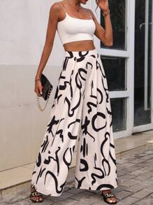 SHEIN LUNE 熱帶圖案闊腿褲 - 黑與白 - 查看 1