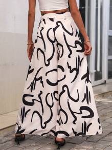 SHEIN LUNE 熱帶圖案闊腿褲 - 黑與白 - 查看 2