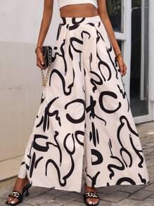 SHEIN LUNE 熱帶圖案闊腿褲 - 黑與白 - 查看 3