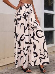 SHEIN LUNE 熱帶圖案闊腿褲 - 黑與白 - 查看 4