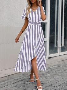 SHEIN Privé Striped Print Butterfly Sleeve Wrap Hem Dress - Purple - View 1