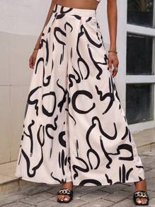 SHEIN LUNE 熱帶圖案闊腿褲 - 黑與白 - 查看 5