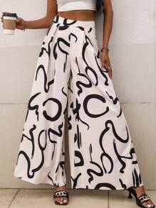 SHEIN LUNE 熱帶圖案闊腿褲 - 黑與白 - 查看 6