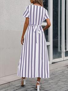 SHEIN Privé Striped Print Butterfly Sleeve Wrap Hem Dress - Purple - View 2