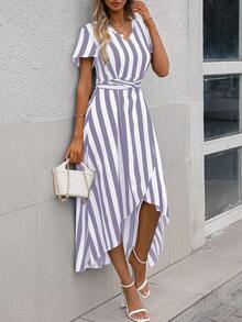 SHEIN Privé Striped Print Butterfly Sleeve Wrap Hem Dress - Purple - View 3