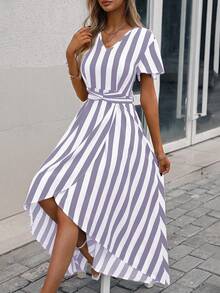 SHEIN Privé Striped Print Butterfly Sleeve Wrap Hem Dress - Purple - View 4