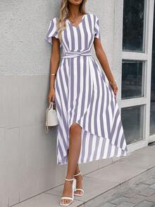 SHEIN Privé Striped Print Butterfly Sleeve Wrap Hem Dress - Purple - View 5