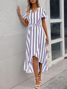 SHEIN Privé Striped Print Butterfly Sleeve Wrap Hem Dress - Purple - View 6