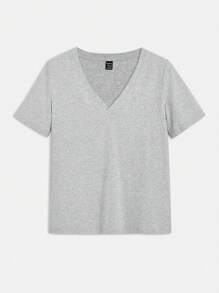 SHEIN BASICS 素色V領T恤 - 淺灰色 - 查看 1