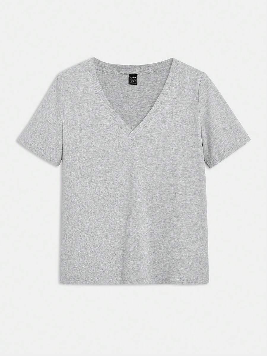 SHEIN BASICS 素色V領T恤 - 淺灰色 - 查看 1