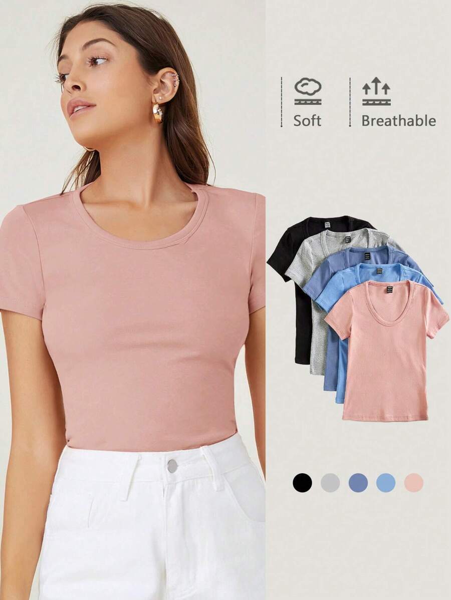 SHEIN BASICS Cap Sleeve Fitted Tee - Baby Pink - View 1