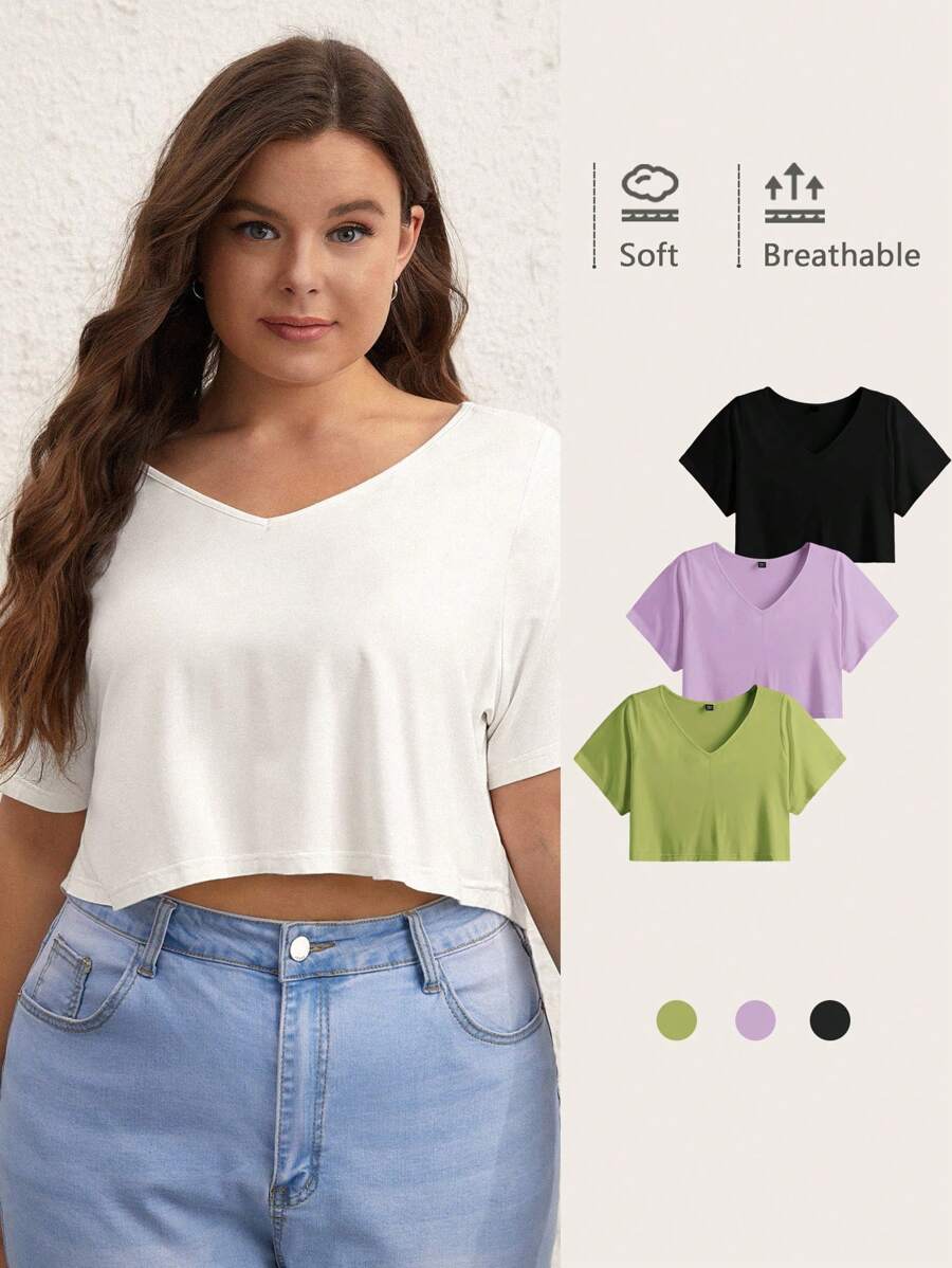 SHEIN BASICS Plus 1pc Solid V Neck Crop Tee - White - View 1