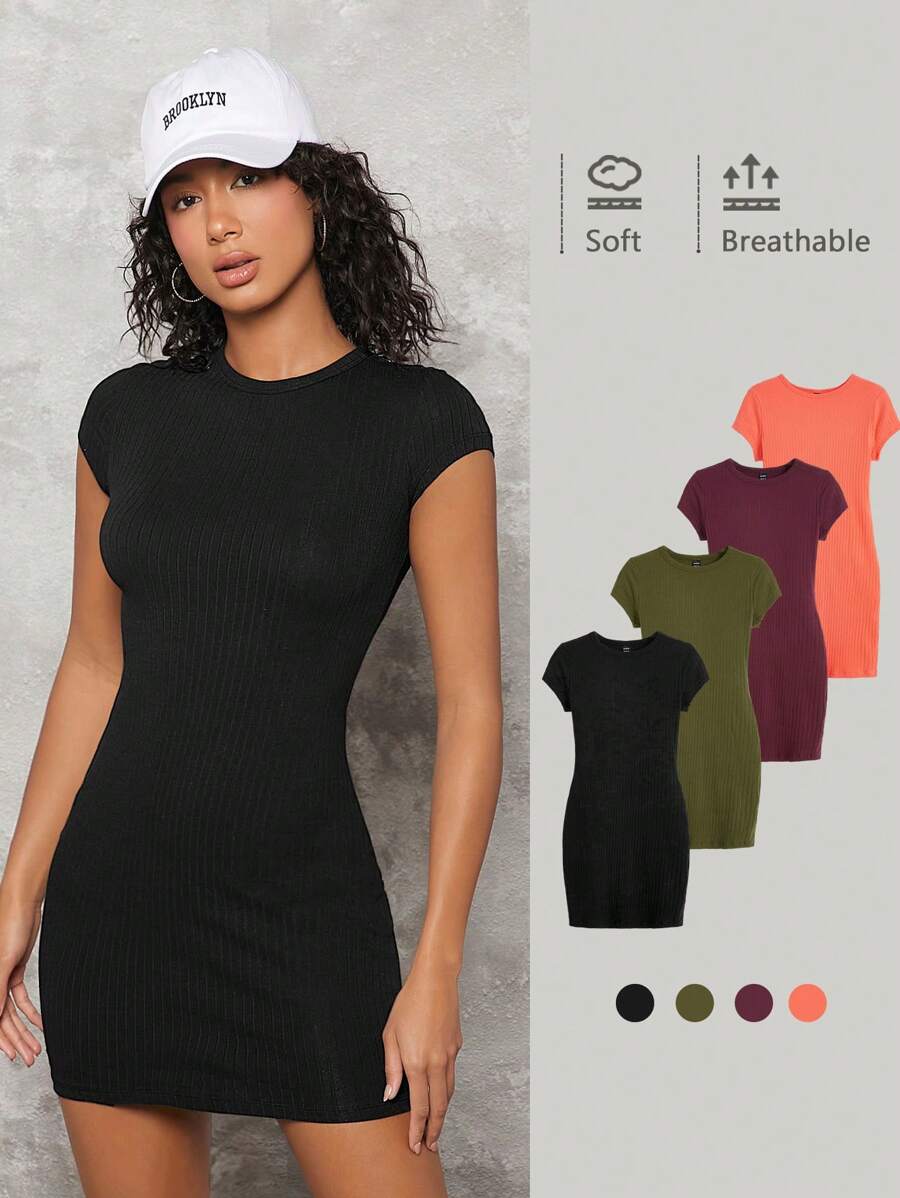 SHEIN BASICS 1 Pieza Vestido De Punto Acanalado Sólido - Negro - Ver 1