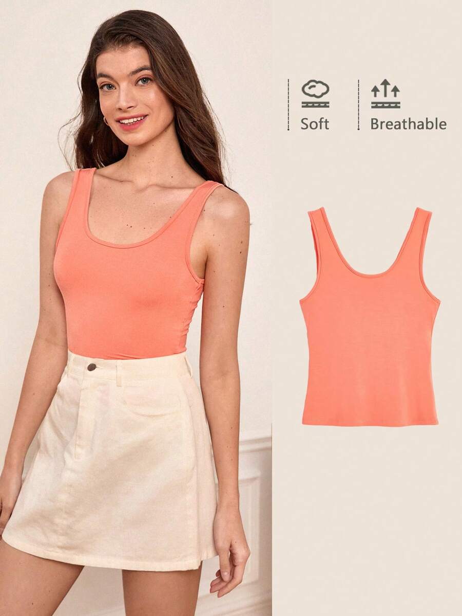 SHEIN BASICS 1入組大圓領背心上衣 - 珊瑚粉 - 查看 1