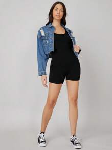 SHEIN BASICS 1 Miếng Chất rắn Phù hợp Quần áo nịt Romper - màu đen - Xem 9
