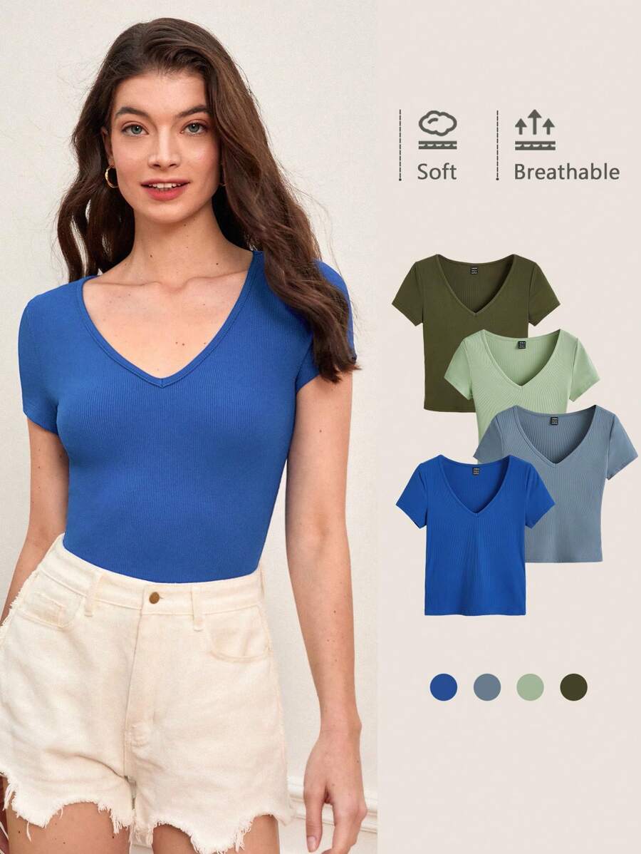 SHEIN BASICS 1入組素色條紋針織T恤 - 寶藍色 - 查看 1