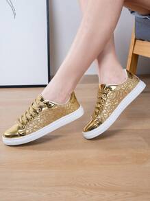 彩色時尚舒服的平底帆布鞋,軟底,輕便,合適的適用於學生和日常步行 - 金色 - 查看 1