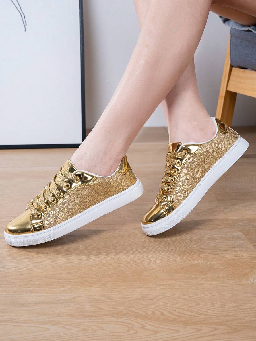 彩色時尚舒服的平底帆布鞋,軟底,輕便,合適的適用於學生和日常步行 - 金色 - 查看 1